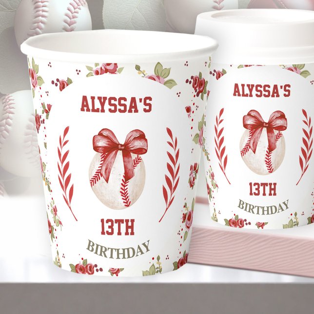 Vasos De Papel Coquette Baseball Red Bow Floral Moderno Cumpleaño (Coquette Baseball Red Bow Floral Modern Birthday Paper Cups)