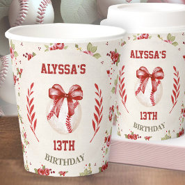 Vasos De Papel Coquette Baseball Red Bow Floral Vintage Cumpleaño