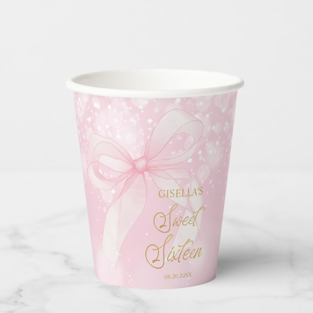 Vasos De Papel Coquette Pink Ribbon Bows Sweet 16 Dieciséis (Anverso)