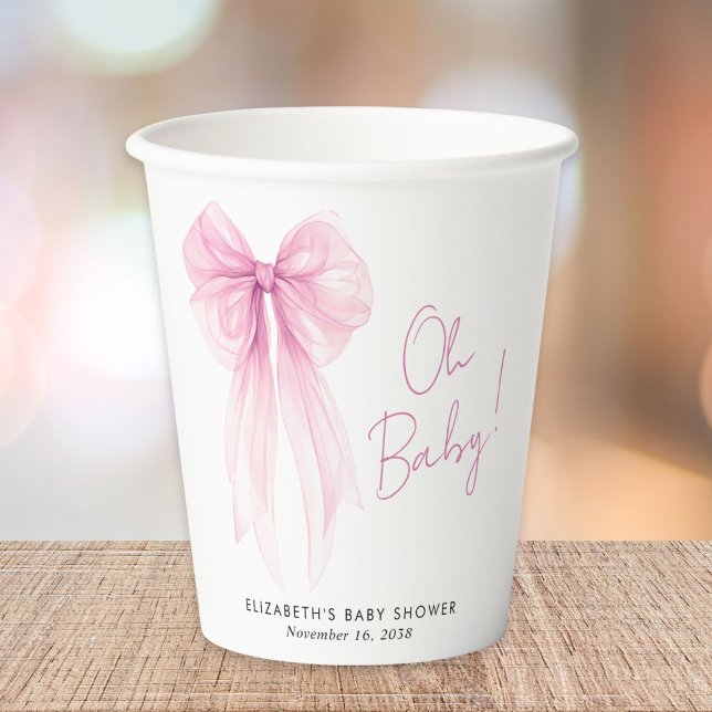 Vasos De Papel Coquette rosa Bow Watercolour Baby Shower (Subido por el creador)