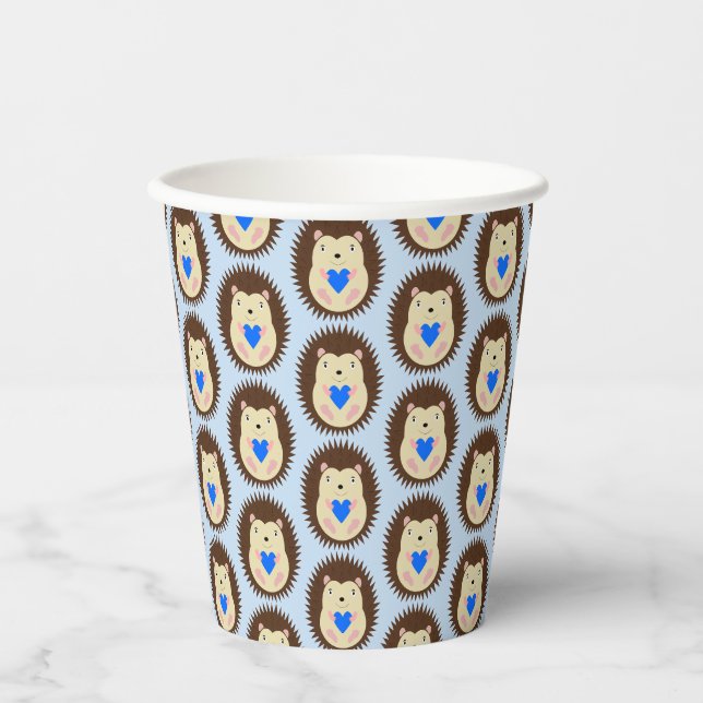 Vasos De Papel Corazón Azul Niño Bebé Erizo Patrón (Anverso)