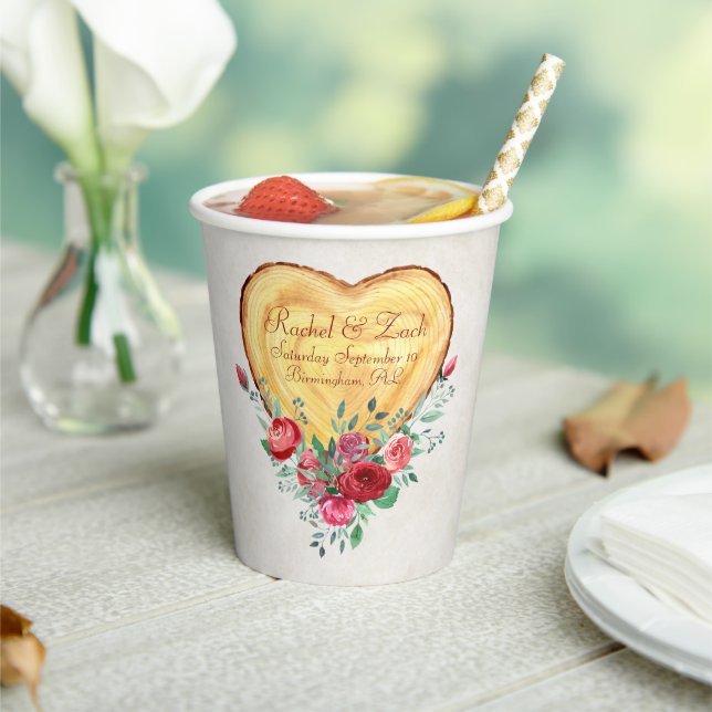 Vasos De Papel Corazón de madera y rosas País Amor (in situ)