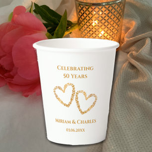 Vasos De Papel Corazón del 50 aniversario de oro Boda personaliza