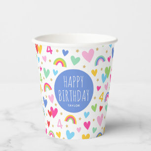Vasos De Papel Corazones arcoiris 4º Fiesta de cumpleaños Nombre 