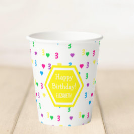 Vasos De Papel Corazones arcoiris Tercer cumpleaños