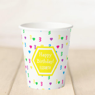 Vasos De Papel Corazones arcoiris Tercer cumpleaños
