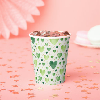 Vasos De Papel Corazones de Acuarela Verde con Polvo Dorado