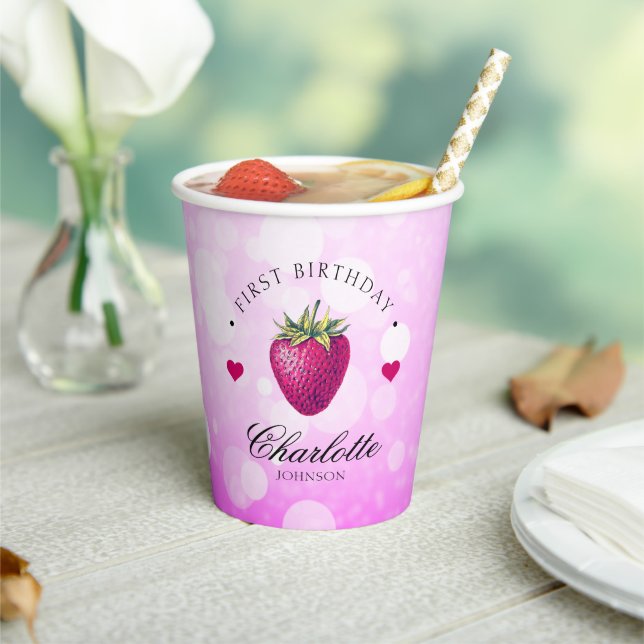 Vasos De Papel Corazones de fresa Chica de cumpleaños rosado (in situ)