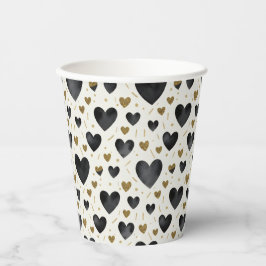 Vasos De Papel Corazones de ónix de medianoche y brillo dorado ra