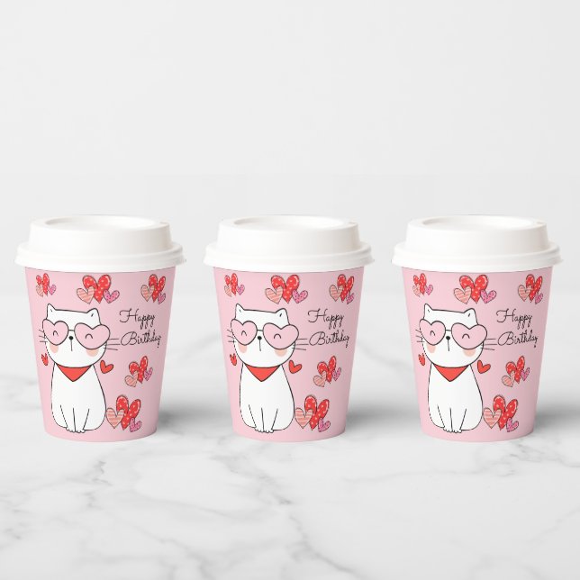 Vasos De Papel Corazones Dulces Gatitos, ¿Estás Gatito? Cumpleaño (Multi)