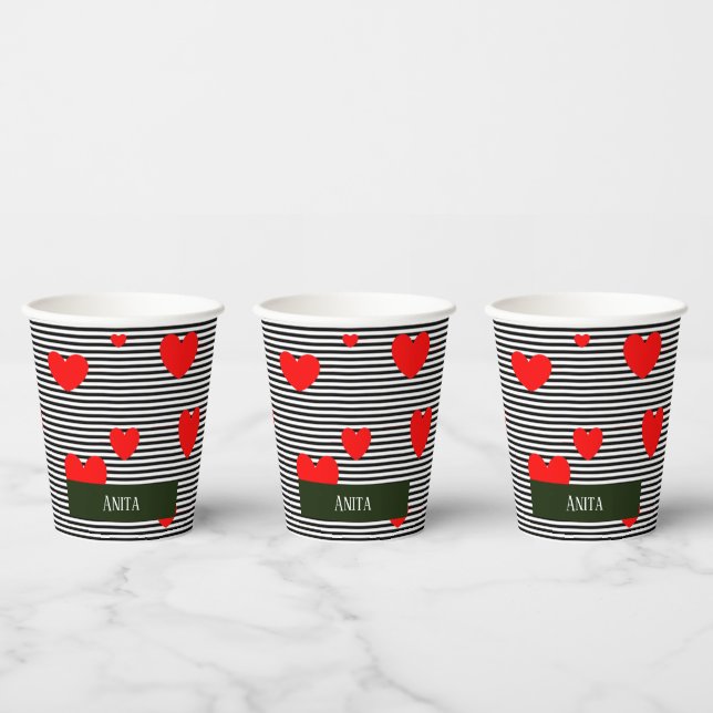 Vasos De Papel Corazones y rayas rojas personalizadas (Multi)