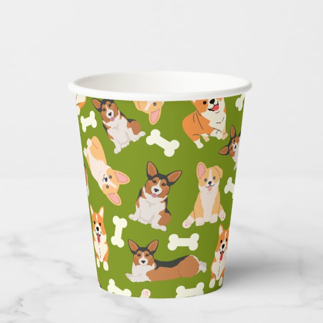 Vasos De Papel Corgi Cute Pattern Green (Anverso)