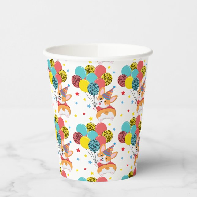 Vasos De Papel Corgi gracioso con globos Estrellas Gorras Cumplea (Izquierda)