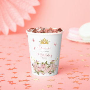 Vasos De Papel Corona Butterflies Floral Princess 1º cumpleaños
