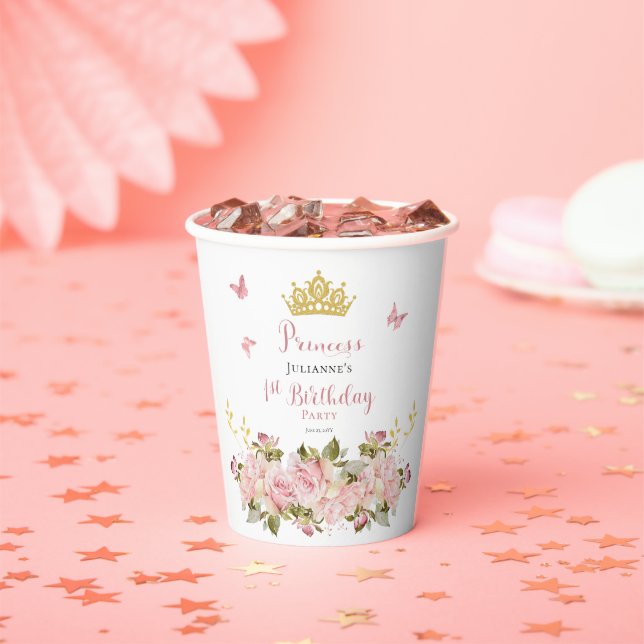 Vasos De Papel Corona | Butterflies Floral Princess 1º cumpleaños (in situ)