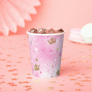 Vasos De Papel Corona de Cumpleaños Corazones de Princesa Rosa