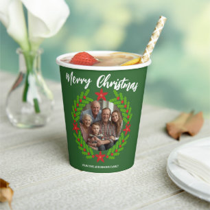 Vasos De Papel Corona de Navidad Foto Navideña Nombre de Familia