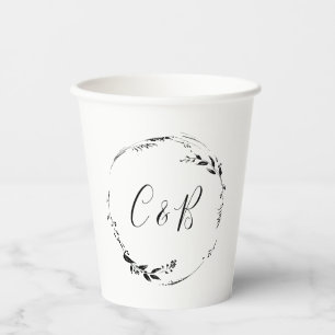 Vasos De Papel Corona floral de monograma en guion blanco para du