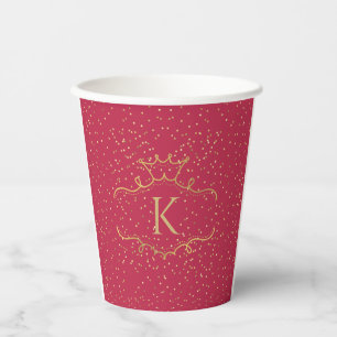 Vasos De Papel Corona Tiara de Nombre de Monograma Rojo Elegante