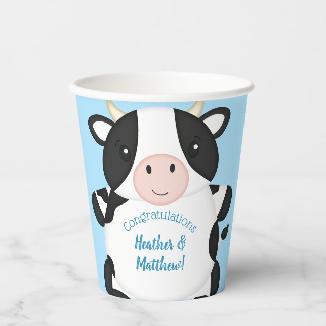 Vasos De Papel Cow Baby Shower Blue (Anverso)