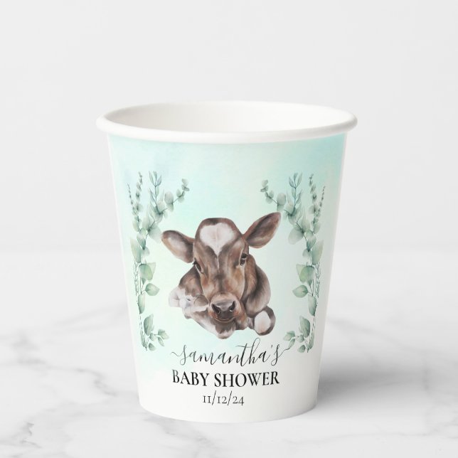 Vasos De Papel Cow Cow Calf Baby Shower Eucalyptus (Anverso)
