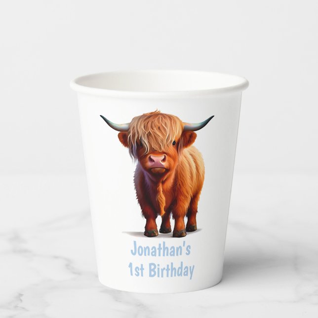 Vasos De Papel Cow Highland FELIZ CUMPLEAÑOS Azul (Reverso )