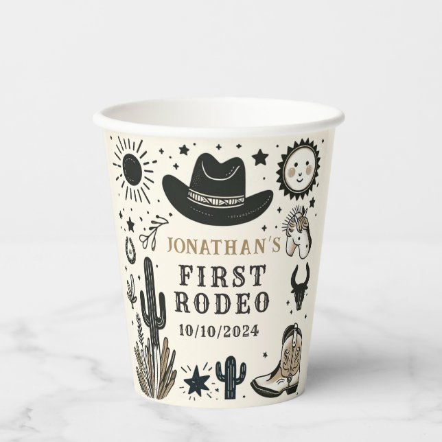 Vasos De Papel Cowboy Wild Western First Rodeo Primer cumpleaños  (Anverso)