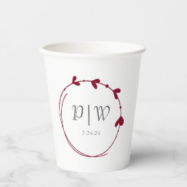 Vasos De Papel Cranberry Red Simple Heart Wreath Monograma Boda