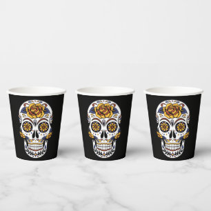 Vasos De Papel Cráneo de azúcar rosa amarillo en negro