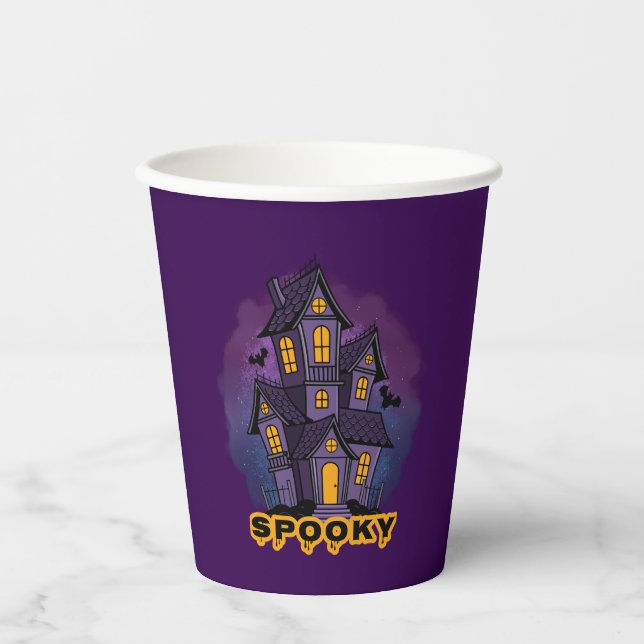 Vasos De Papel Creepy Purple Mansion Spooky Haunted House (Anverso)