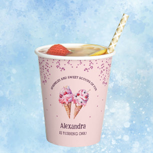 Vasos De Papel Crema de hielo Chica Sprinkles Rosado Primer cumpl