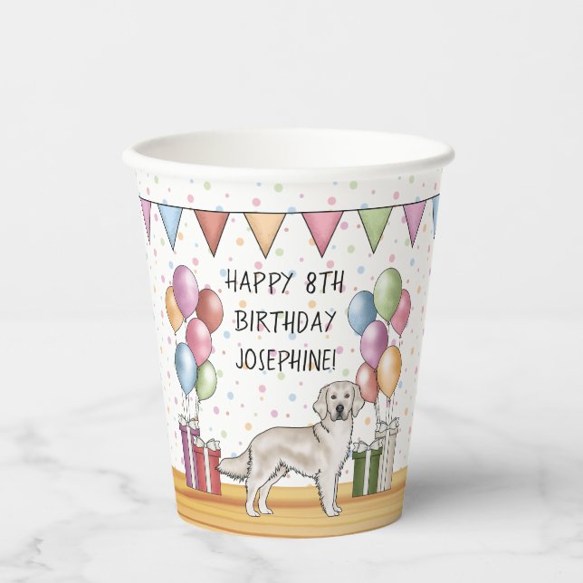 Vasos De Papel Crema inglesa Golden Retriever Colorful Birthday (Anverso)