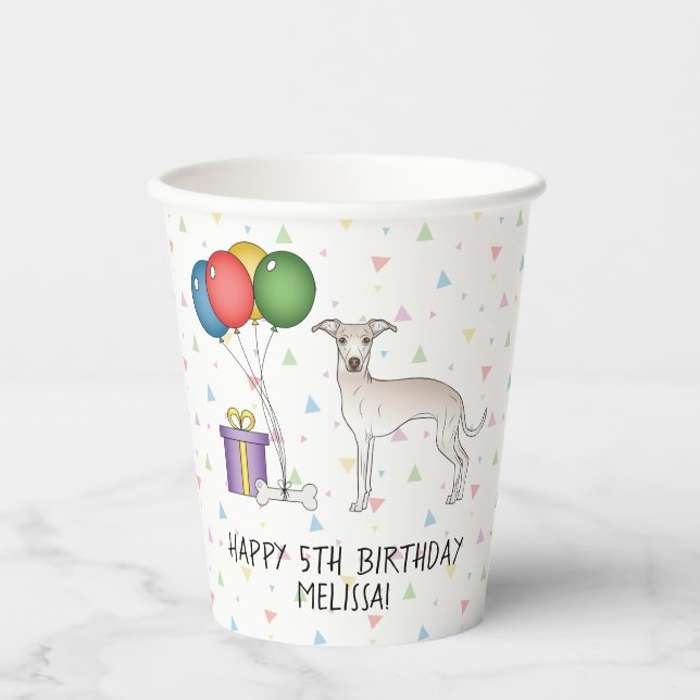 Vasos De Papel Crema italiana Greyhound Cute Dog - Feliz cumpleañ (Anverso)