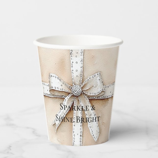 Vasos De Papel Crema Plata Blanca Glitzy Glam Bow Cumpleaños (Anverso)