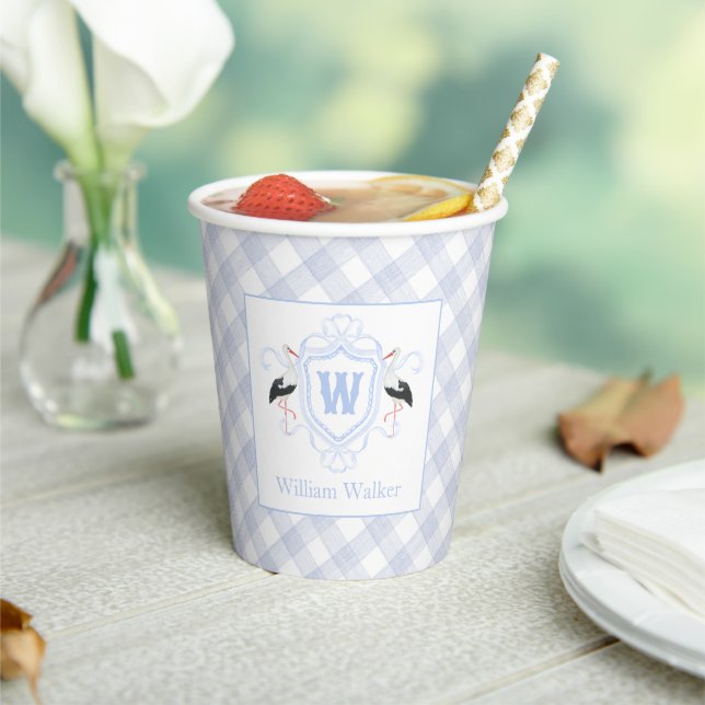 Vasos De Papel Crest Monograma Gingham Cigüeña Azul Acuarela (in situ)