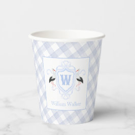 Vasos De Papel Crest Monograma Gingham Cigüeña Azul Acuarela