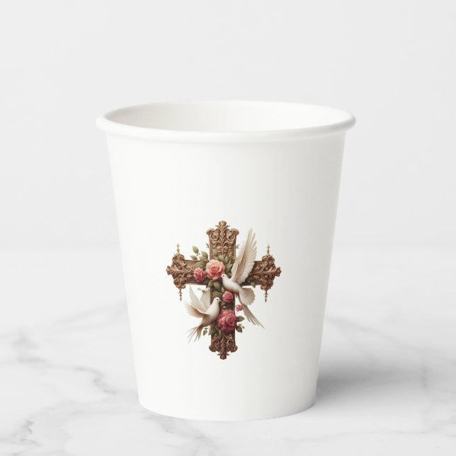 Vasos De Papel Cross with Doves – Christian Faith Inspirational D (Anverso)