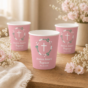 Vasos De Papel Cruz Blanca Floral Crest Bautismo Rosa Polvo