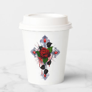 Vasos De Papel Cruz de Plata con una Rosa Roja