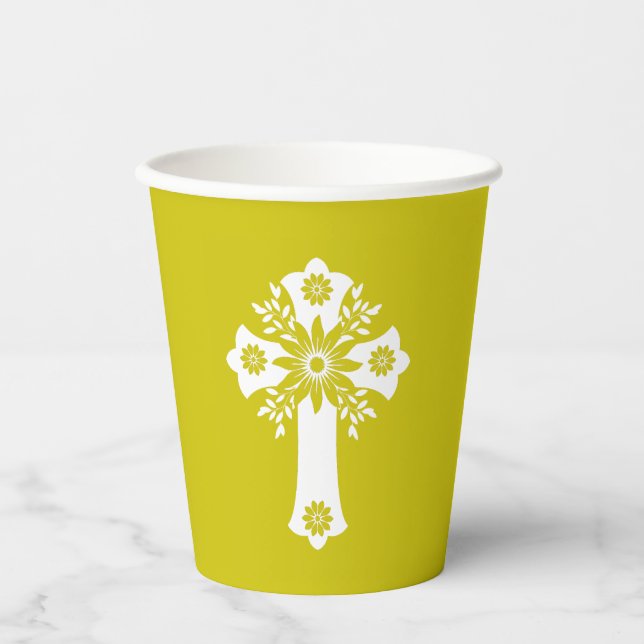 Vasos de Papel Cruz Floral Amarillo (Anverso)