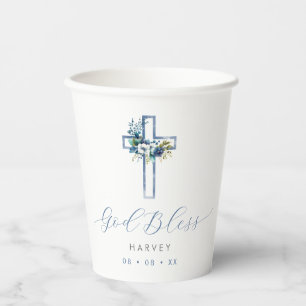 Vasos De Papel Cruz Floral Azul Dios bendiga el bautismo