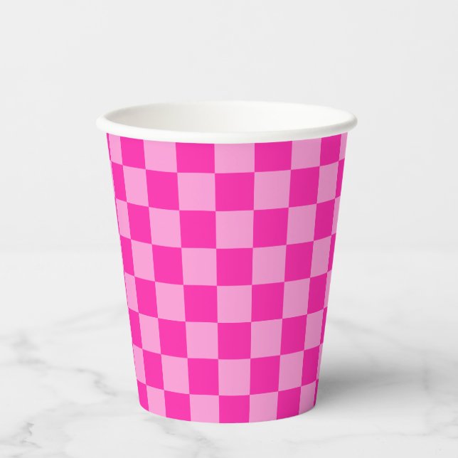 Vasos De Papel Cuadro de ajedrez rosa llamativo (Anverso)