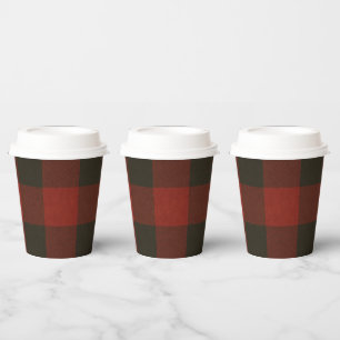 Vasos De Papel Cuadros de cuadros escoceses de búfalo negro rojo