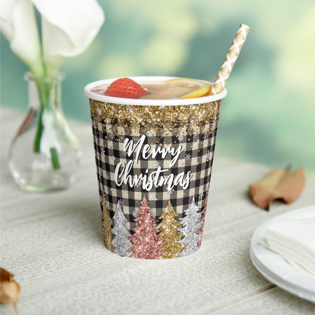 Vasos De Papel Cuadros de Navidad y brillo con texto (in situ)