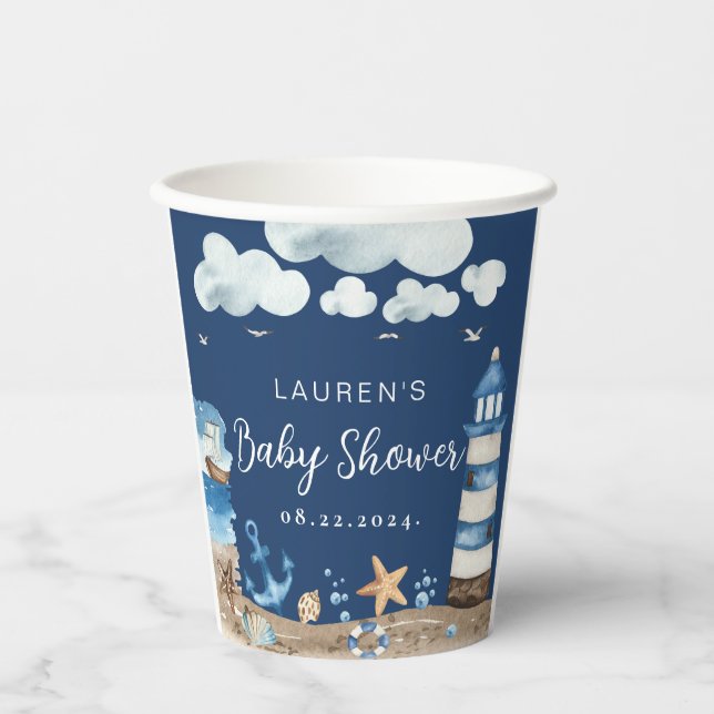 Vasos De Papel Cuadros de papel de Baby Shower náuticos (Anverso)