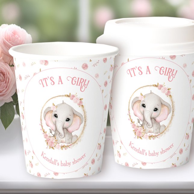 Vasos De Papel Cuadros de papel de Baby Shower rosado para elefan (Cute Elephant Pink Baby Shower Paper Cups)