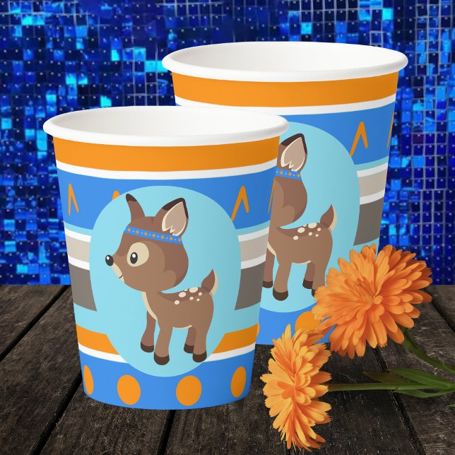 Vasos De Papel Cuadros de papel de Fiesta de ciervos salvajes de  (Woodland Forest Deer Party Paper Cups. Featuring a tribal inspired pattern in Blue, Orange, & Brown)