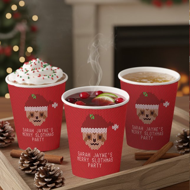 Vasos De Papel Cuadros de papel de Fiesta de suéter de Navidades  (Festive drinks taste better in sloth paper cups. Add your sweater party details)