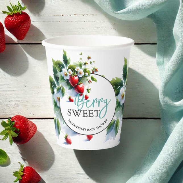 Vasos De Papel Cuadros de papel de fresa personalizado para Baby  (Strawberry baby shower decor watercolor paper cups art by Do Tell A Belle)