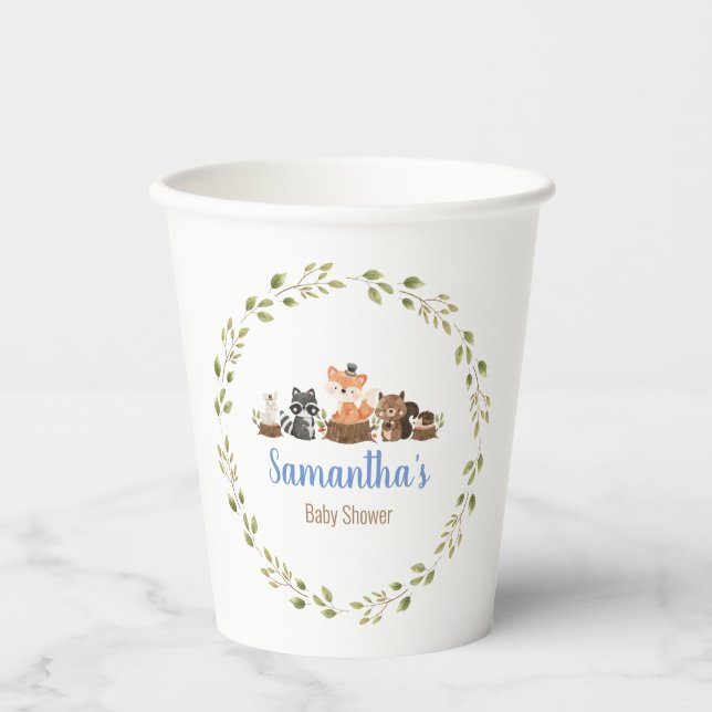 Vasos De Papel Cuadros para animales de Woodland Baby Shower (Anverso)